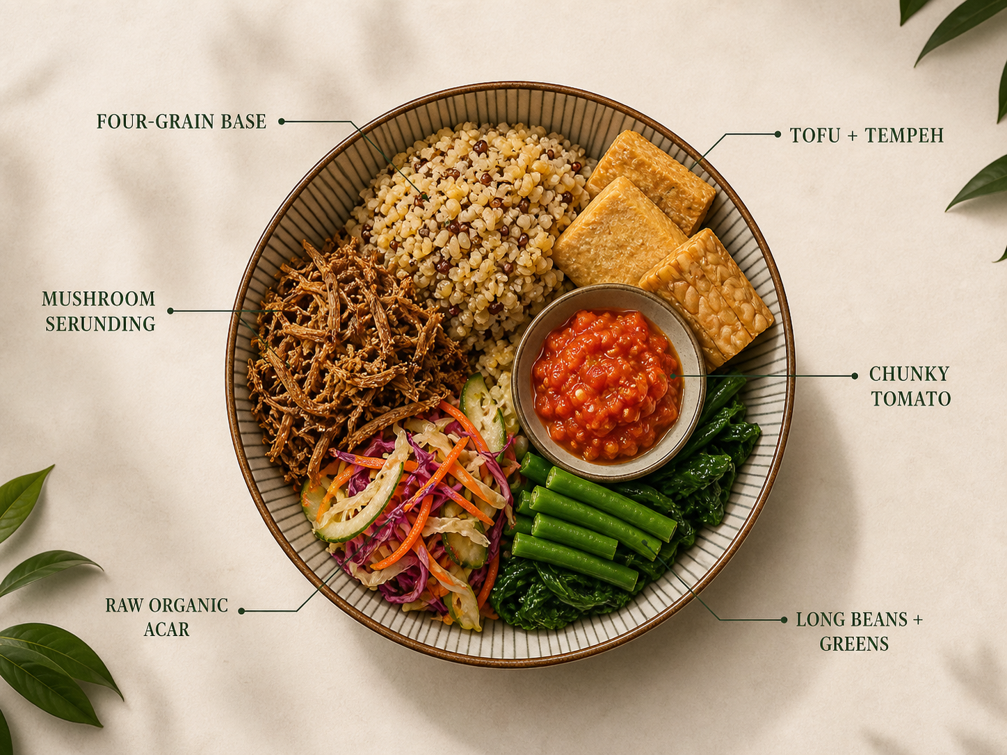 A Signature Mushroom Serunding Bowl with four-grain base, tofu, tempeh, mushroom serunding, tomato, acar, long beans and greens
