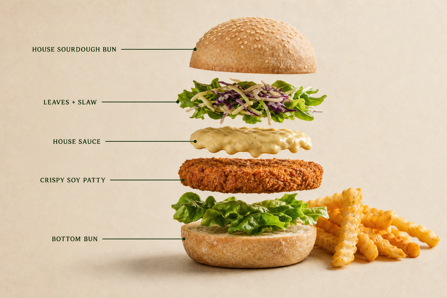 Exploded view of the Loving Café sourdough soy burger with bun, slaw, house sauce, crispy soy patty and greens